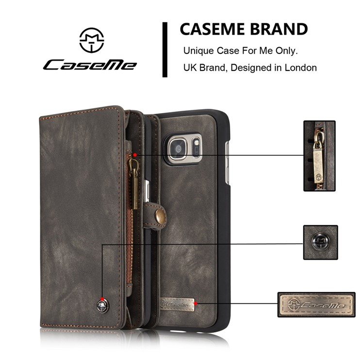 CASEME Multifunktionale 2-in-1 Reißverschluss Brieftasche Split Ledertasche Für Samsung Galaxy S7 G930 - Schwarz-4