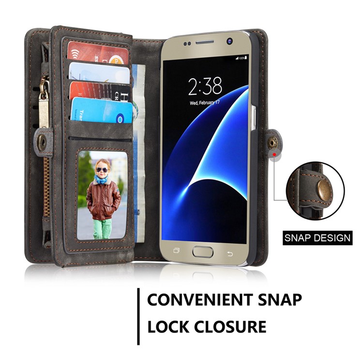 CASEME Multifunktionale 2-in-1 Reißverschluss Brieftasche Split Ledertasche Für Samsung Galaxy S7 G930 - Schwarz-5