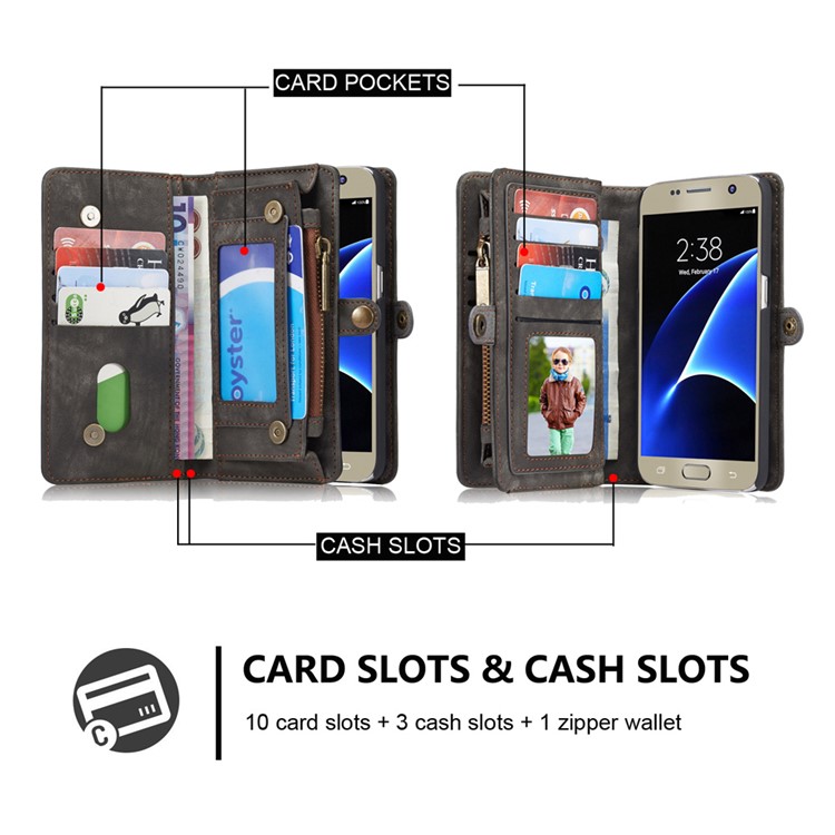 CASEME Multifunktionale 2-in-1 Reißverschluss Brieftasche Split Ledertasche Für Samsung Galaxy S7 G930 - Schwarz-6