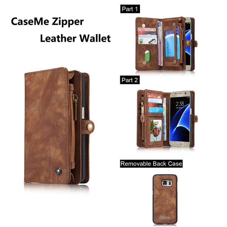 CASEME Multifunktionale 2-in-1 Zipper Wallet Split Leder Telefon Shell Fall für Samsung Galaxy S7 G930 - Braun-10