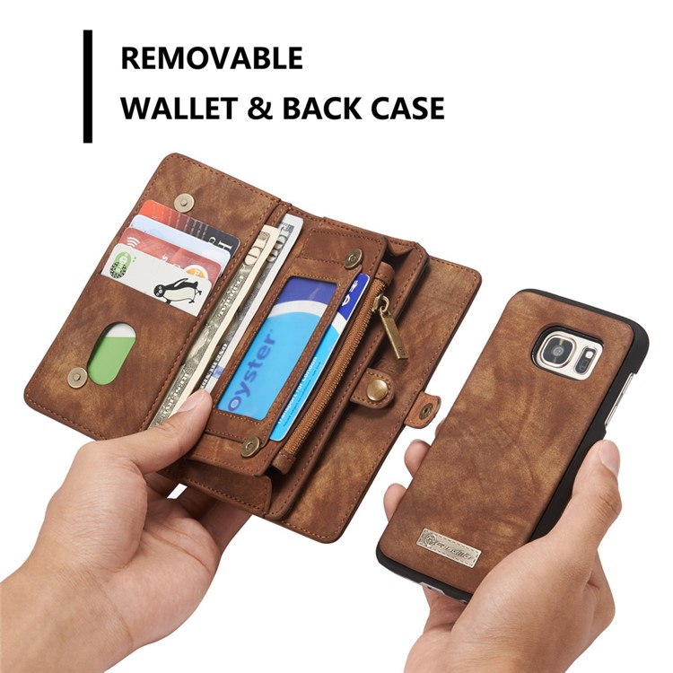 CASEME Multifunktionale 2-in-1 Zipper Wallet Split Leder Telefon Shell Fall für Samsung Galaxy S7 G930 - Braun-11