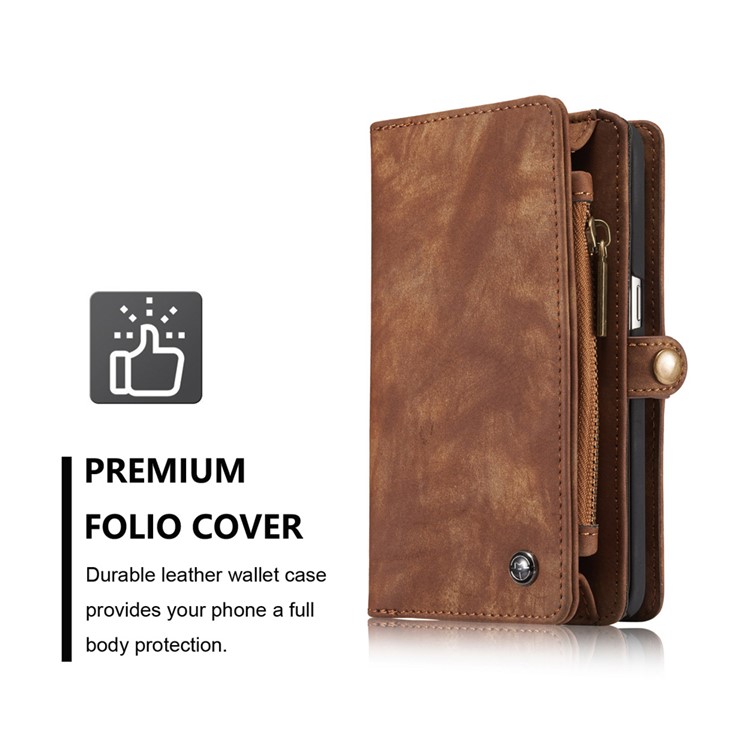 CASEME Multifunktionale 2-in-1 Zipper Wallet Split Leder Telefon Shell Fall für Samsung Galaxy S7 G930 - Braun-2