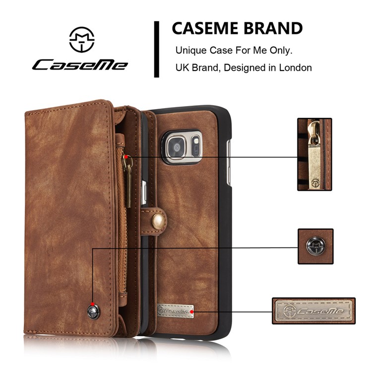 CASEME Multifunktionale 2-in-1 Zipper Wallet Split Leder Telefon Shell Fall für Samsung Galaxy S7 G930 - Braun-3