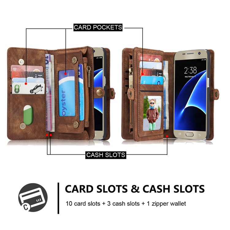 CASEME Multifunktionale 2-in-1 Zipper Wallet Split Leder Telefon Shell Fall für Samsung Galaxy S7 G930 - Braun-4