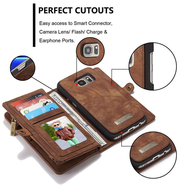 CASEME Multifunktionale 2-in-1 Zipper Wallet Split Leder Telefon Shell Fall für Samsung Galaxy S7 G930 - Braun-5