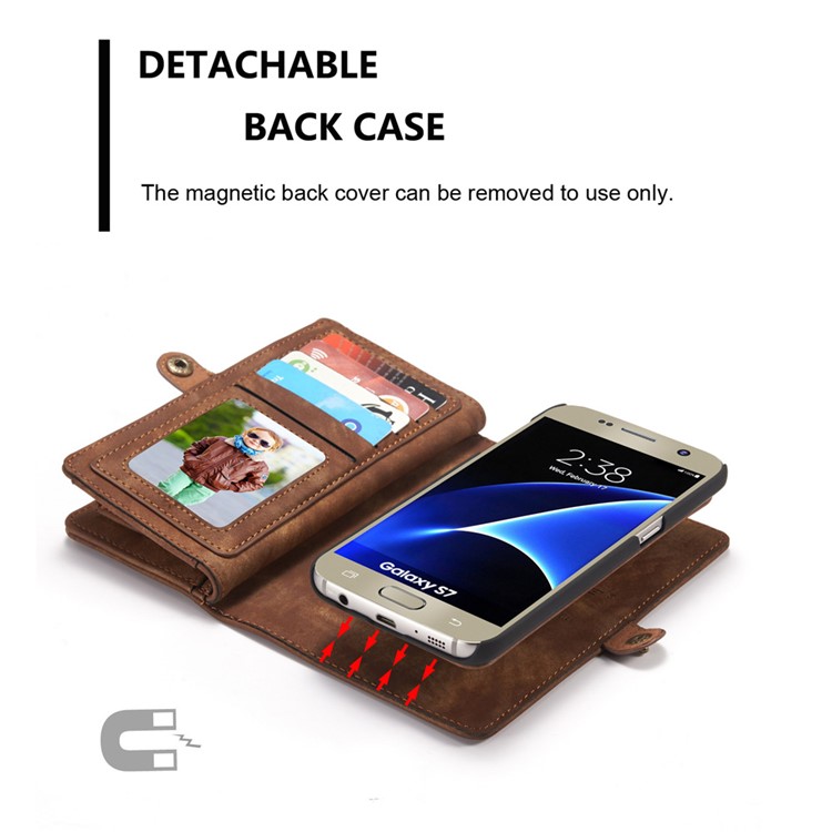 CASEME Multifunktionale 2-in-1 Zipper Wallet Split Leder Telefon Shell Fall für Samsung Galaxy S7 G930 - Braun-6