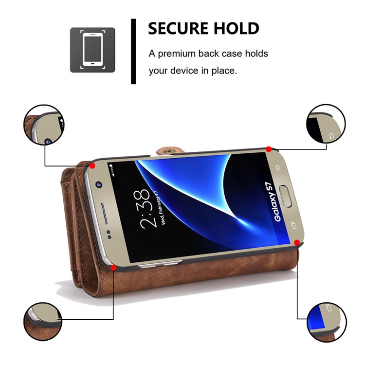 CASEME Multifunktionale 2-in-1 Zipper Wallet Split Leder Telefon Shell Fall für Samsung Galaxy S7 G930 - Braun-8