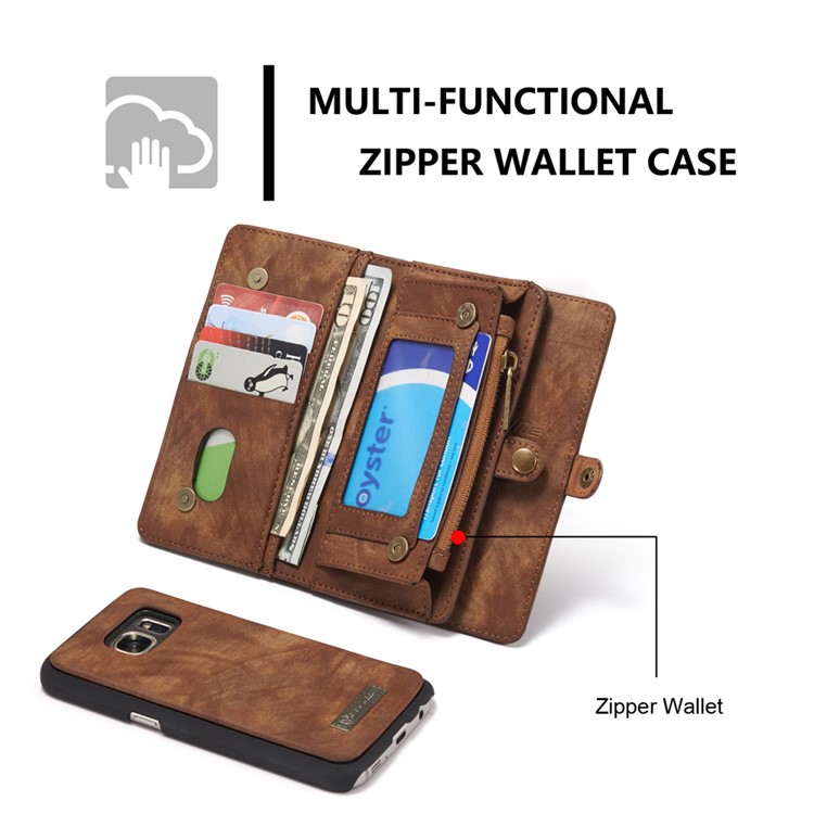CASEME Multifunktionale 2-in-1 Zipper Wallet Split Leder Telefon Shell Fall für Samsung Galaxy S7 G930 - Braun-9