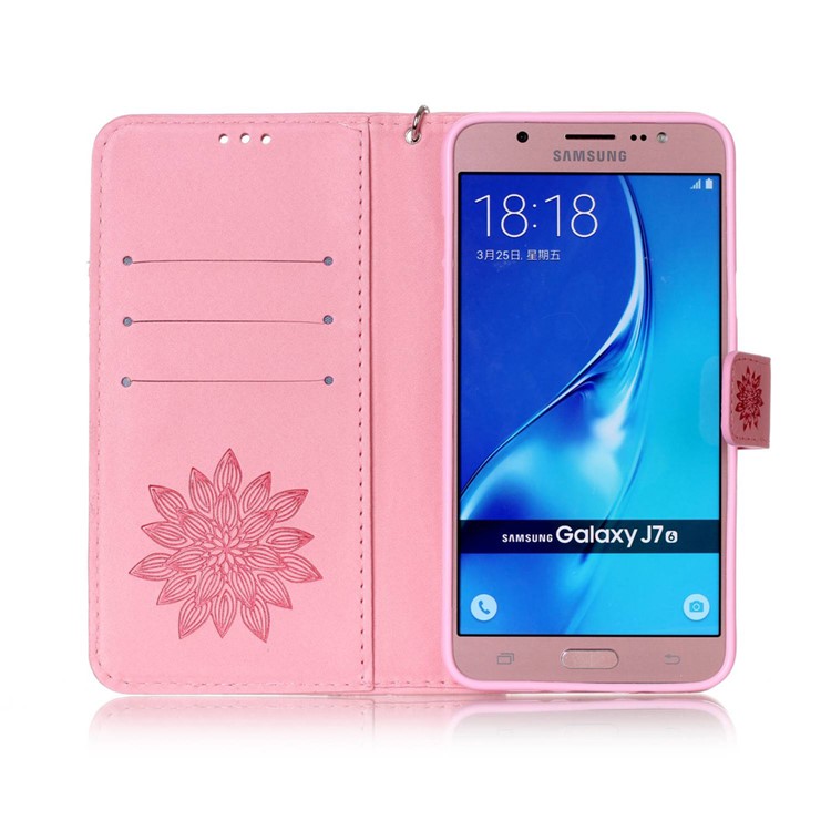 Imprint Wallet Stand Leather Phone Case for Samsung Galaxy J7 (2016) J710 - Henna Lotus / Pink-4