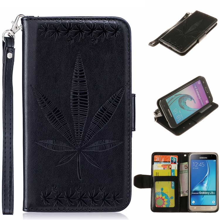 Imprinted Maple Leaf Wallet Leather Phone Case for Samsung Galaxy J3 (2016) / J3 - Black-1