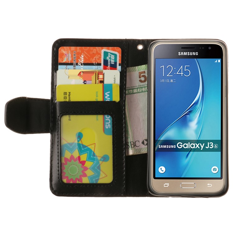 Imprinted Maple Leaf Wallet Leather Phone Case for Samsung Galaxy J3 (2016) / J3 - Black-10