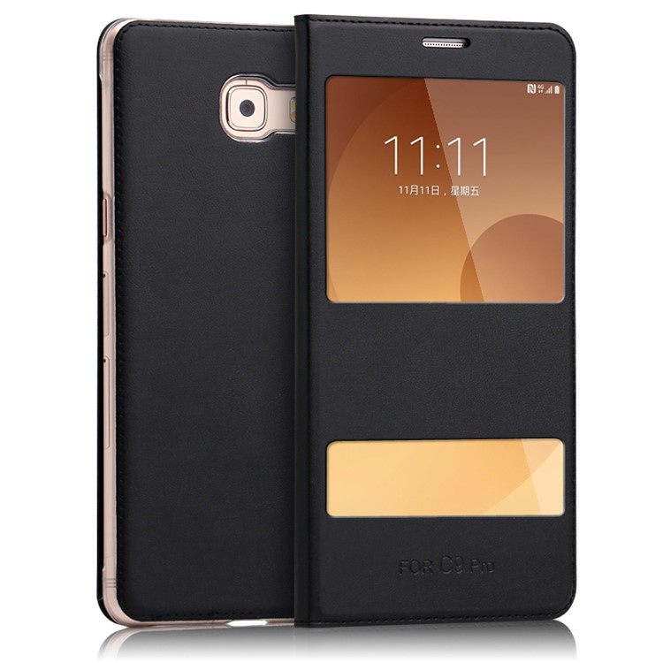 Double Window Leather Mobile Phone Case for Samsung Galaxy C9 Pro - Black-1