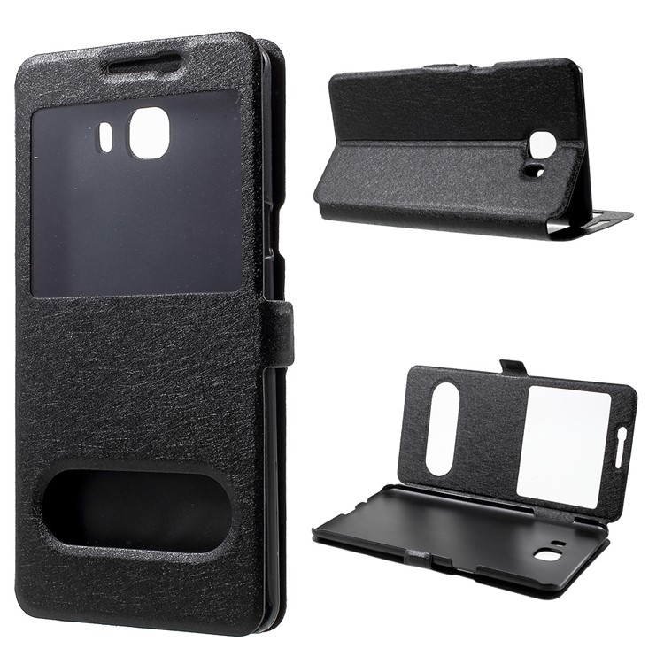 Silk Texture Dual Window Phone Case (PU Leather + PC) for Samsung Galaxy C9 Pro - Black-1