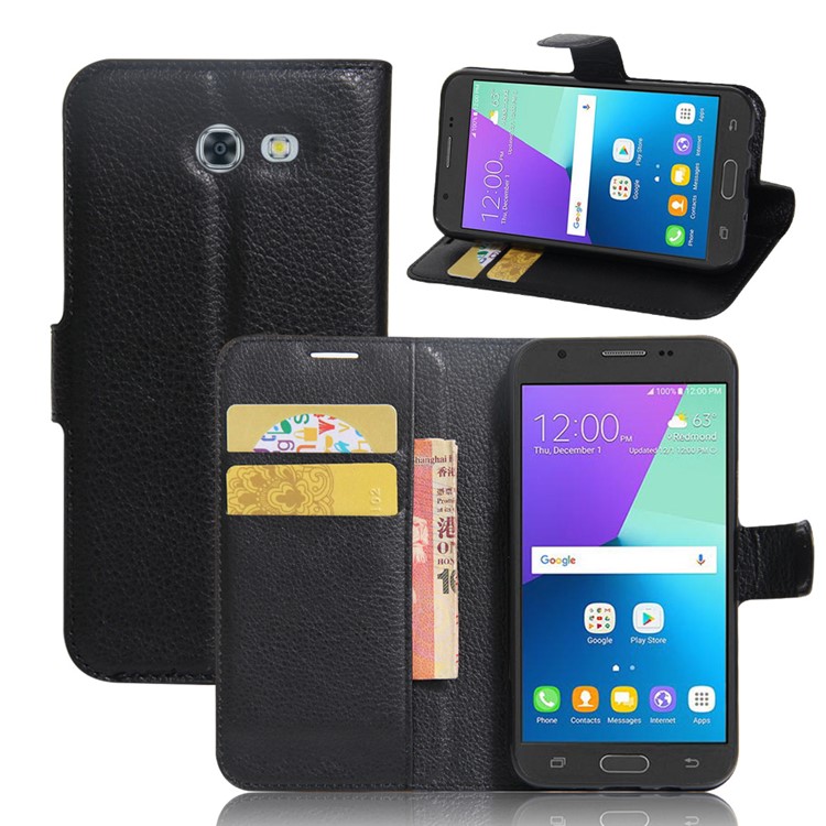 Litchi Skin Leather Wallet Case for Samsung Galaxy J3 (2017) - Black-1
