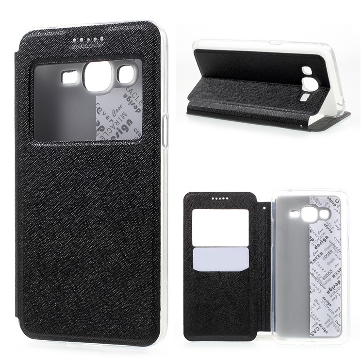 Cross Texture Window Stand Leather Card Slot Case for Samsung Galaxy J2 Prime - Black-1