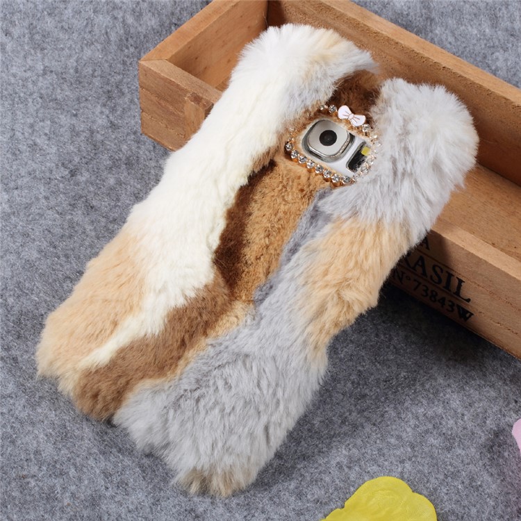 Rhinestone Studded Faux Rabbit Fur TPU Phone Case for Samsung Galaxy S6 G920 - Grey / Brown-1