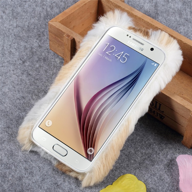 Rhinestone Studded Faux Rabbit Fur TPU Phone Case for Samsung Galaxy S6 G920 - Grey / Brown-2