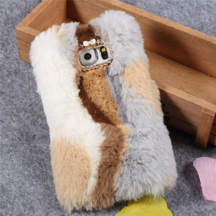 Rhinestone Studded Faux Rabbit Fur TPU Phone Case for Samsung Galaxy S6 G920 - Grey / Brown-3