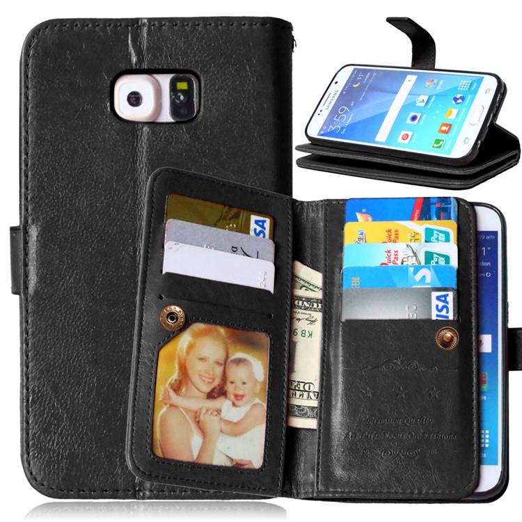 Crazy Horse 9 Card Slots Leather Wallet Case for Samsung Galaxy S6 G920 - Black-1