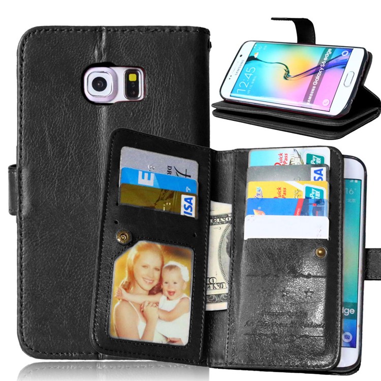 Crazy Horse 9 Card Slots Leather Wallet Case for Samsung Galaxy S6 Edge G925 - Black-1