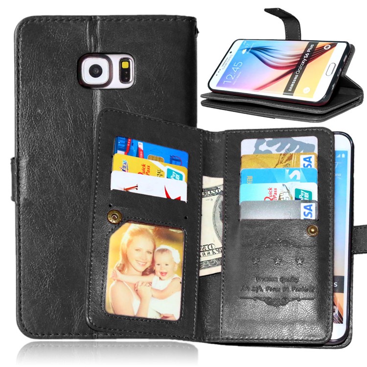 Crazy Horse 9 Card Slots Leather Wallet Phone Case for Samsung Galaxy S6 Edge Plus G928 - Black-1