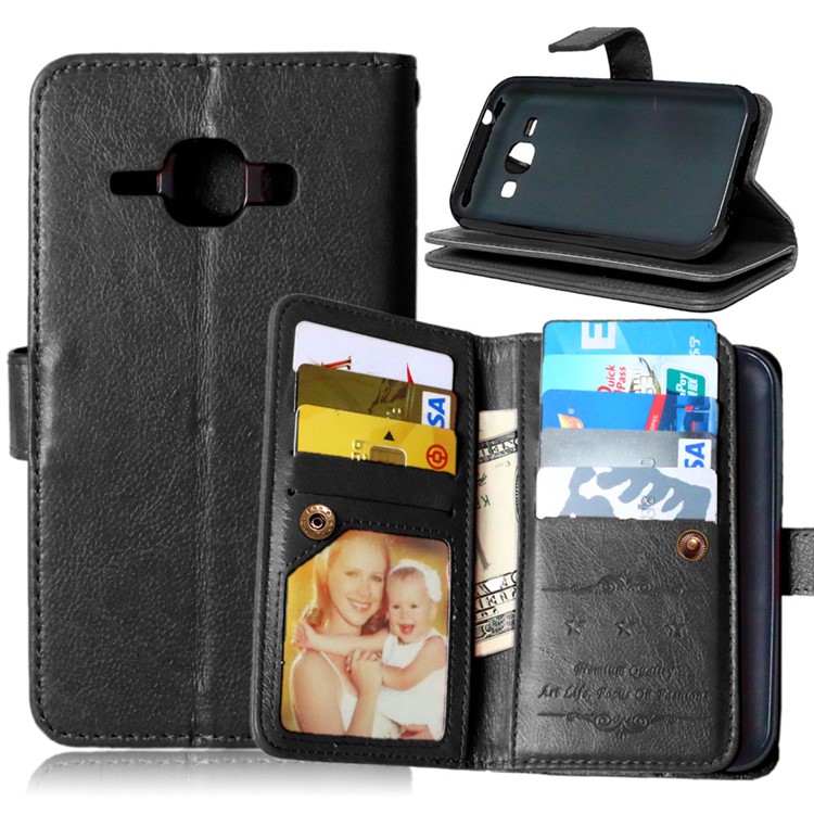 Crazy Horse 9 Card Slots Leather Wallet Case for Samsung Galaxy J1/J1 4G - Black-1