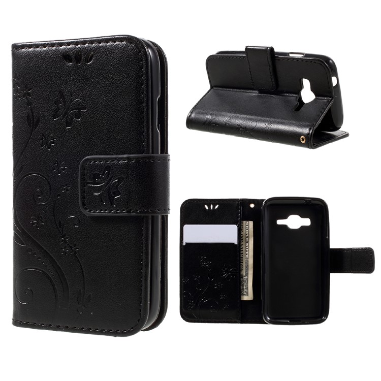 Imprinted Butterfly Flowers Leather Wallet Case for Samsung Galaxy J1 mini prime - Black-1