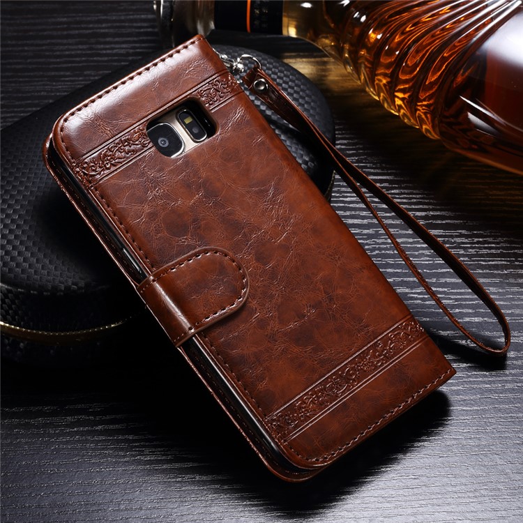 Detachable Imprinted Oil Wax Leather Wallet Stand Cover for Samsung Galaxy S7 edge G935 Built-in Magnetic Holder Metal Sheet - Brown-2