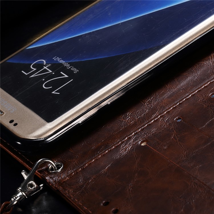 Detachable Imprinted Oil Wax Leather Wallet Stand Cover for Samsung Galaxy S7 edge G935 Built-in Magnetic Holder Metal Sheet - Brown-4
