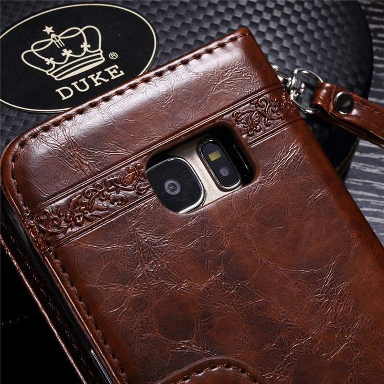 Detachable Imprinted Oil Wax Leather Wallet Stand Cover for Samsung Galaxy S7 edge G935 Built-in Magnetic Holder Metal Sheet - Brown-6