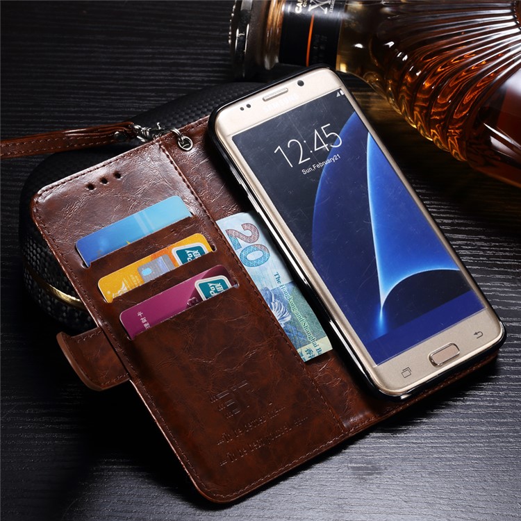 Detachable Imprinted Oil Wax Leather Wallet Stand Cover for Samsung Galaxy S7 edge G935 Built-in Magnetic Holder Metal Sheet - Brown-7
