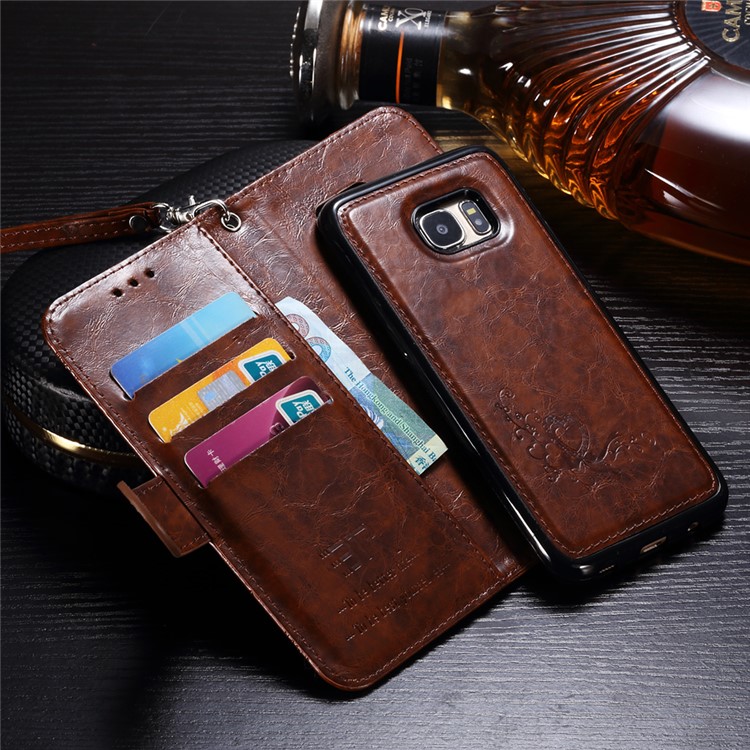 Detachable Imprinted Oil Wax Leather Wallet Stand Cover for Samsung Galaxy S7 edge G935 Built-in Magnetic Holder Metal Sheet - Brown-8