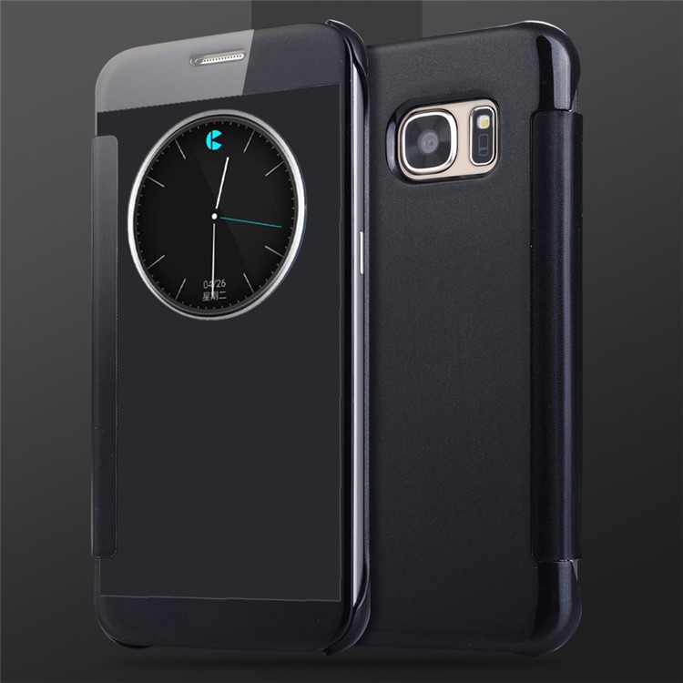 Smart Circle View Electroplating Mirror Surface PC Leather Case for Samsung Galaxy S7 G930 - Black-1