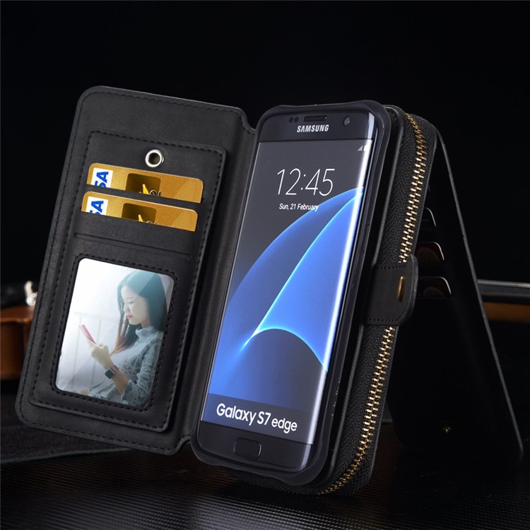 BRG Portable 2-in-1 Movable TPU + Zip Wallet Leather Case for Samsung Galaxy S7 edge G935 - Black-1