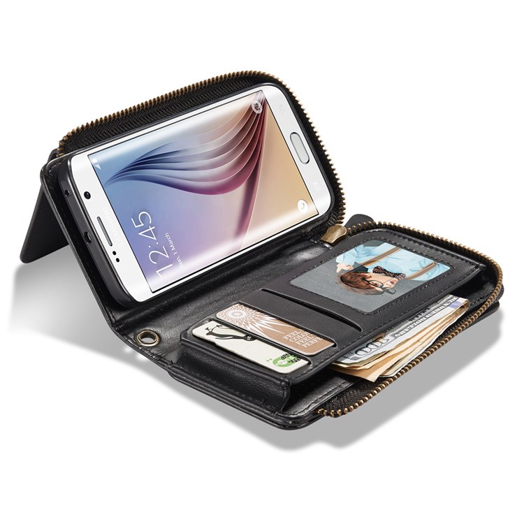 Vintage Zipper Wallet Leather Cell Phone Case with Detachable TPU Back Cover for Samsung Galaxy S6 edge G925 - Black-1