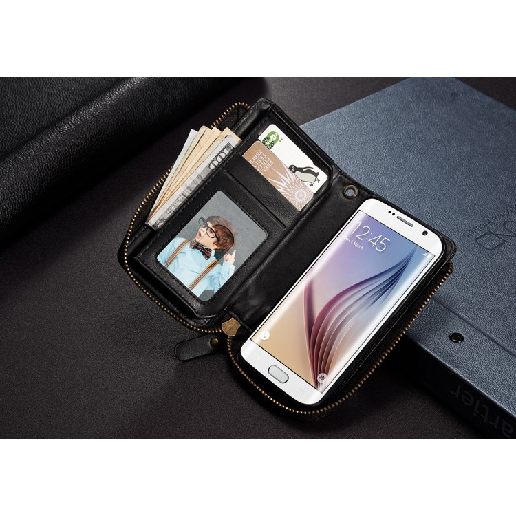 Vintage Zipper Wallet Leather Cell Phone Case with Detachable TPU Back Cover for Samsung Galaxy S6 edge G925 - Black-10