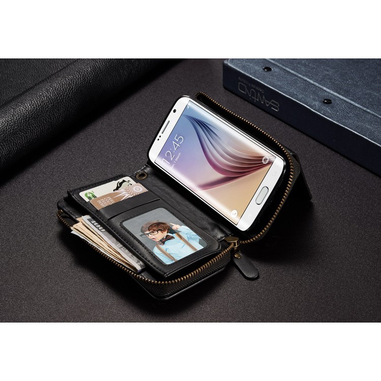 Vintage Zipper Wallet Leather Cell Phone Case with Detachable TPU Back Cover for Samsung Galaxy S6 edge G925 - Black-11