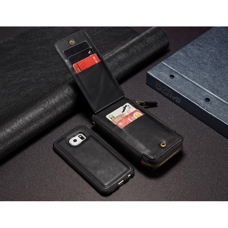 Vintage Zipper Wallet Leather Cell Phone Case with Detachable TPU Back Cover for Samsung Galaxy S6 edge G925 - Black-12