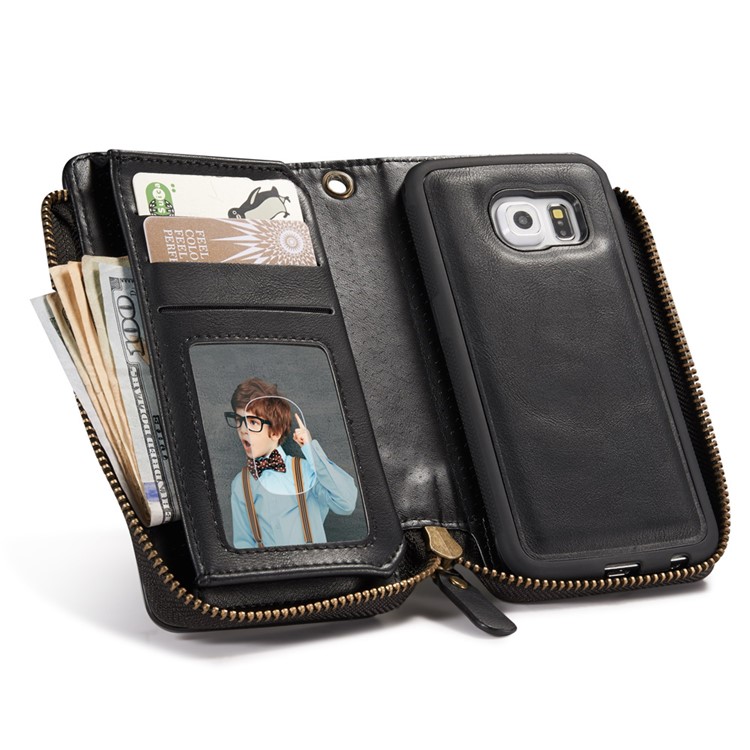 Vintage Zipper Wallet Leather Cell Phone Case with Detachable TPU Back Cover for Samsung Galaxy S6 edge G925 - Black-5