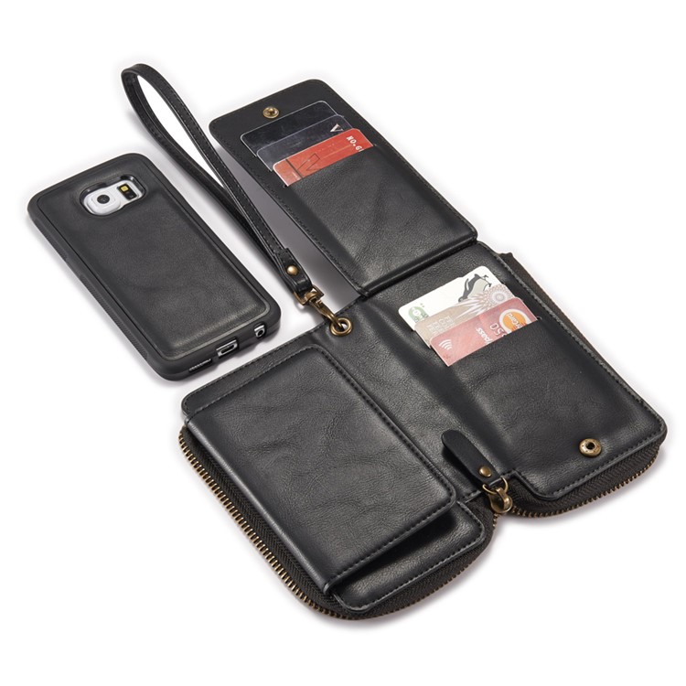 Vintage Zipper Wallet Leather Cell Phone Case with Detachable TPU Back Cover for Samsung Galaxy S6 edge G925 - Black-6