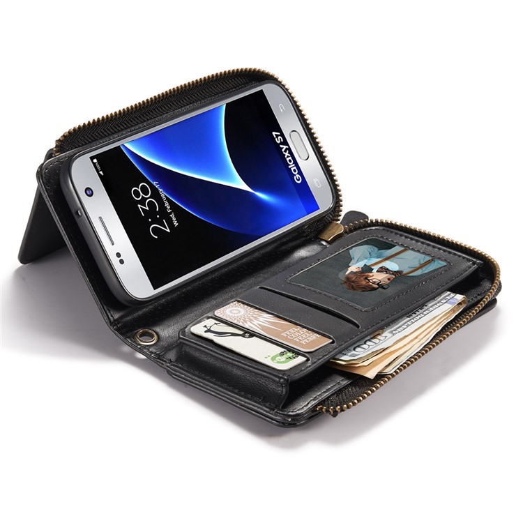 Vintage Zipper Wallet Leather Cell Phone Case with Detachable TPU Back Cover for Samsung Galaxy S7 G930 - Black-1