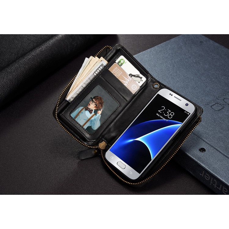 Vintage Zipper Wallet Leather Cell Phone Case with Detachable TPU Back Cover for Samsung Galaxy S7 G930 - Black-11