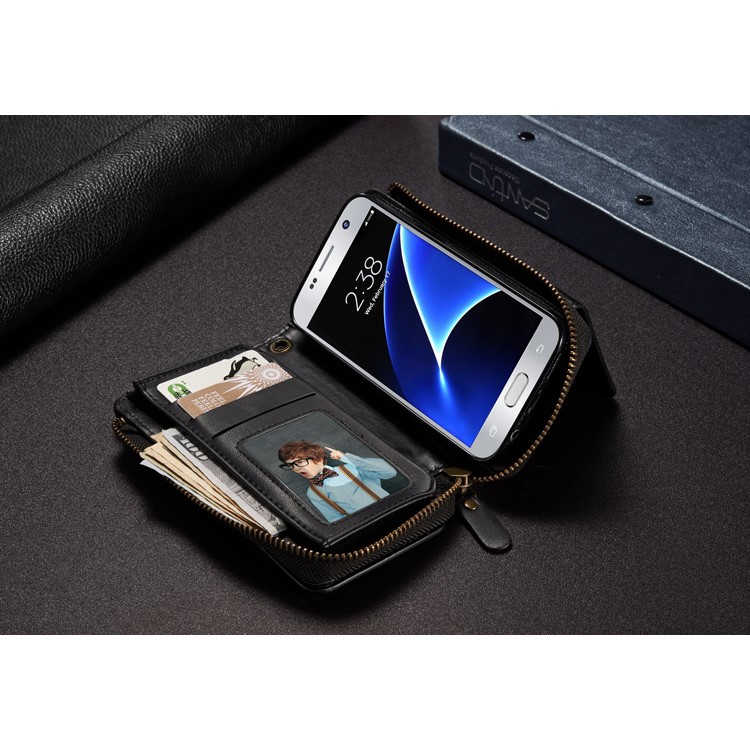 Vintage Zipper Wallet Leather Cell Phone Case with Detachable TPU Back Cover for Samsung Galaxy S7 G930 - Black-12