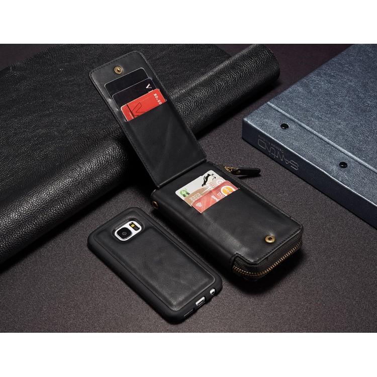 Vintage Zipper Wallet Leather Cell Phone Case with Detachable TPU Back Cover for Samsung Galaxy S7 G930 - Black-13