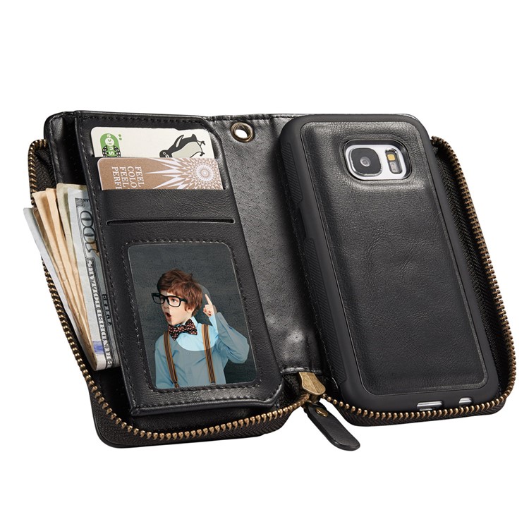 Vintage Zipper Wallet Leather Cell Phone Case with Detachable TPU Back Cover for Samsung Galaxy S7 G930 - Black-5