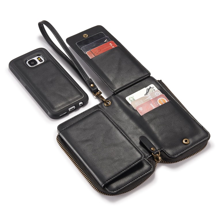 Vintage Zipper Wallet Leather Cell Phone Case with Detachable TPU Back Cover for Samsung Galaxy S7 G930 - Black-6