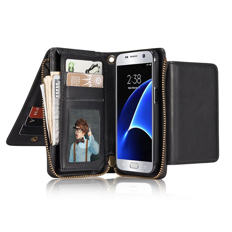 Vintage Zipper Wallet Leather Cell Phone Case with Detachable TPU Back Cover for Samsung Galaxy S7 G930 - Black-7