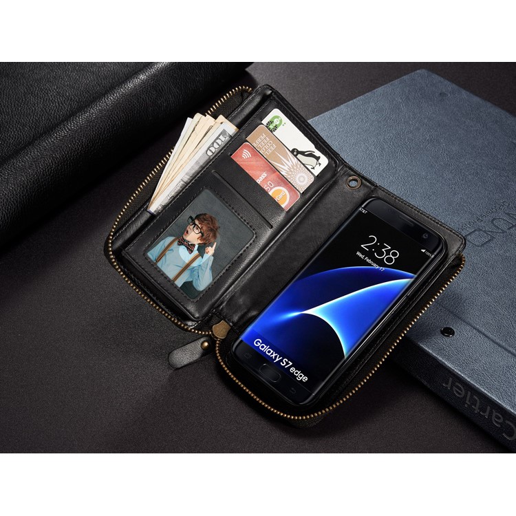 Vintage Zipper Wallet Leather Cell Phone Case with Detachable TPU Back Cover for Samsung Galaxy S7 edge G935 - Black-11
