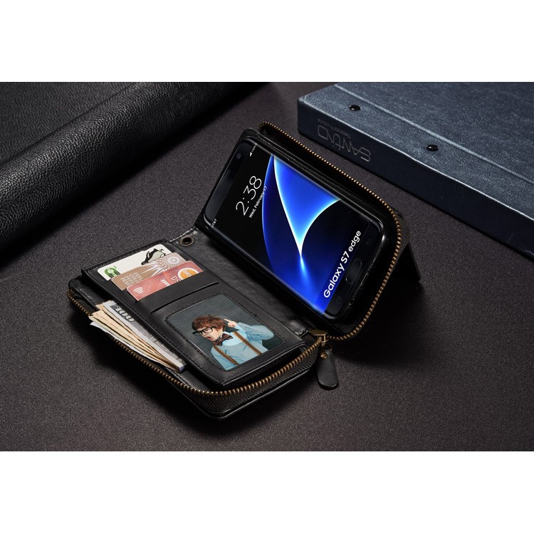 Vintage Zipper Wallet Leather Cell Phone Case with Detachable TPU Back Cover for Samsung Galaxy S7 edge G935 - Black-12