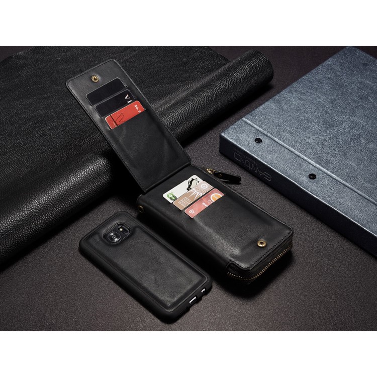 Vintage Zipper Wallet Leather Cell Phone Case with Detachable TPU Back Cover for Samsung Galaxy S7 edge G935 - Black-13